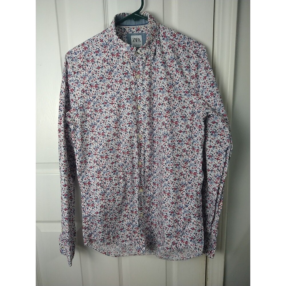 Zara Men Size S Floral Slim Fit Collared Button Shirt Red White Blue Patriot